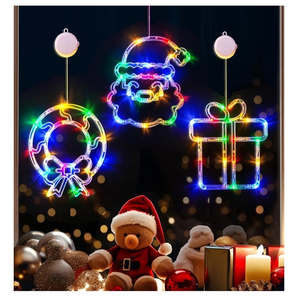 NEW Christmas Window Decorations 3 Pack Wreath Gift Box